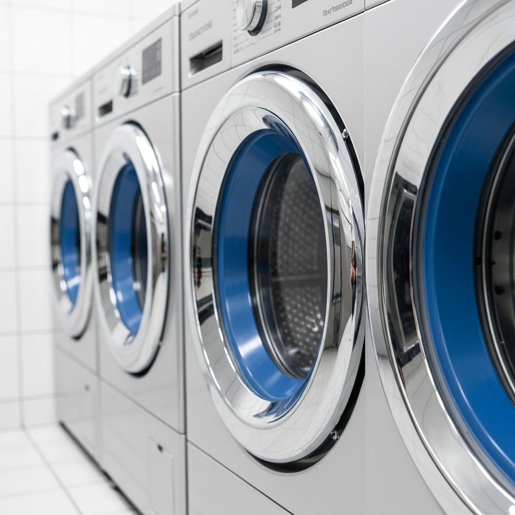 Close-up of modern front-loading washing machines at Speed Clean Laundromat